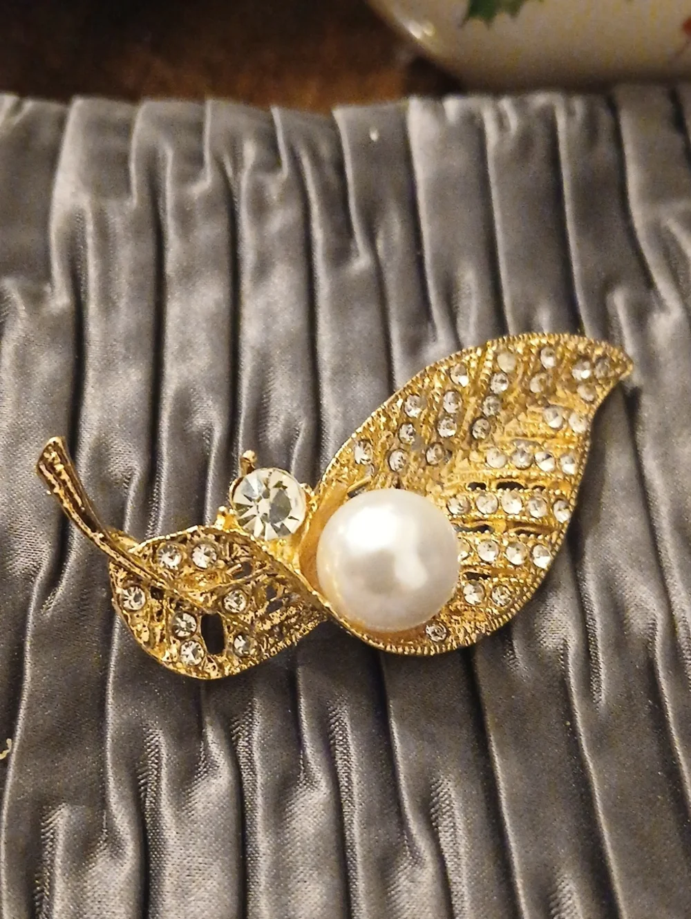 Gold Leaf Pearl and Crystal Brooch - Elegant Women’s Jewelry
